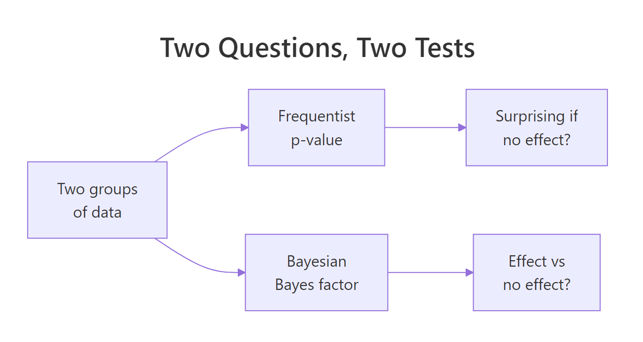 A frequentist t-test and a Bayesian t-test ask different questions of the same two groups.